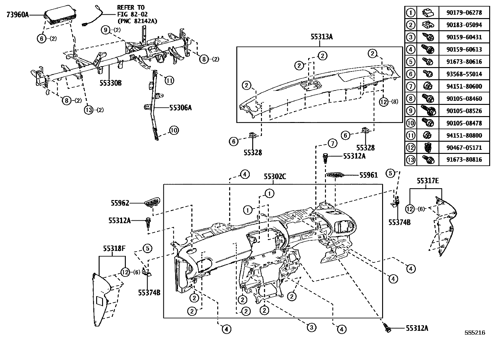 Toyota YARIS 仪表板和手套箱 EPC diagram — 555216