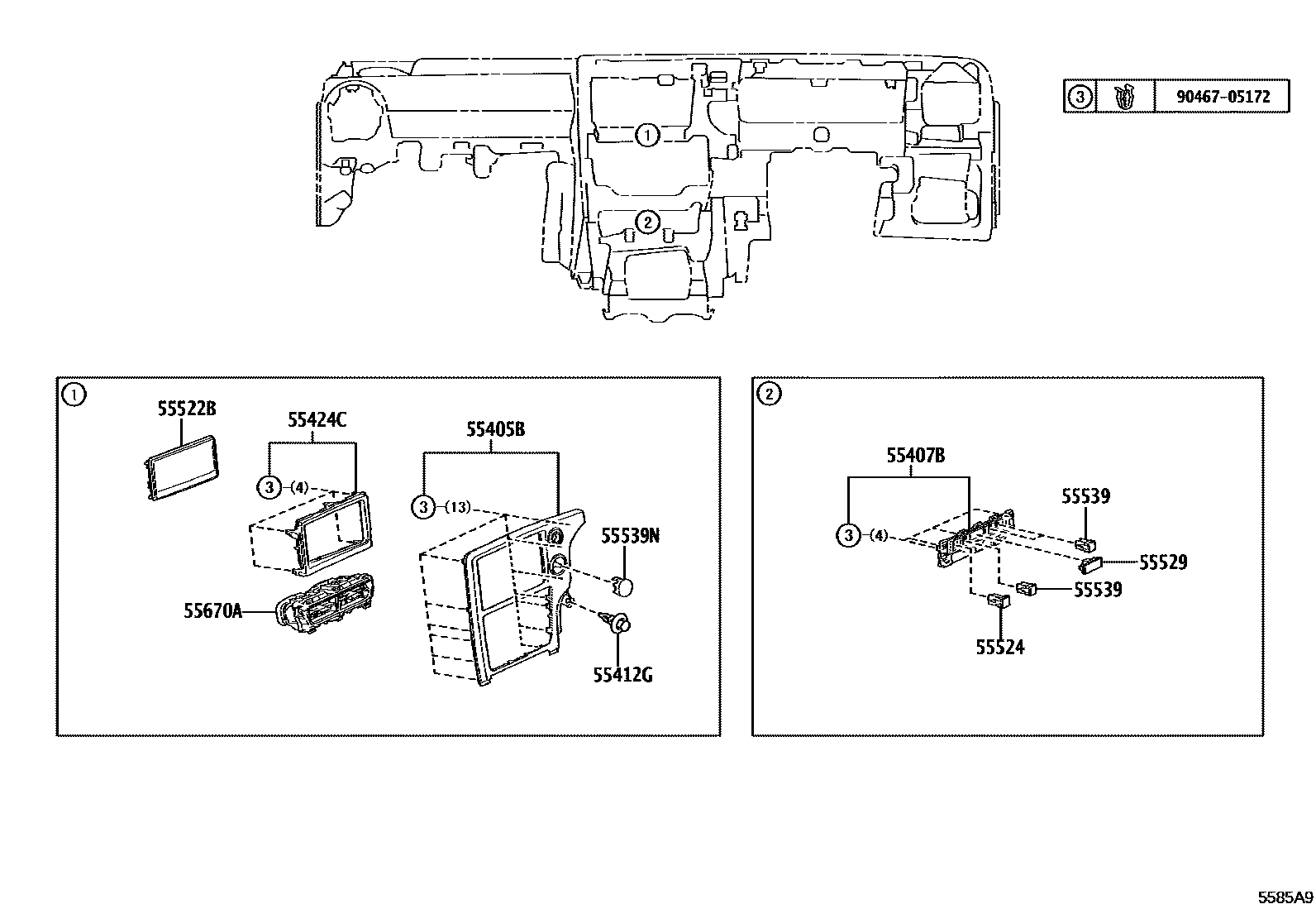 Toyota YARIS 仪表板和手套箱 EPC diagram — 5585A9