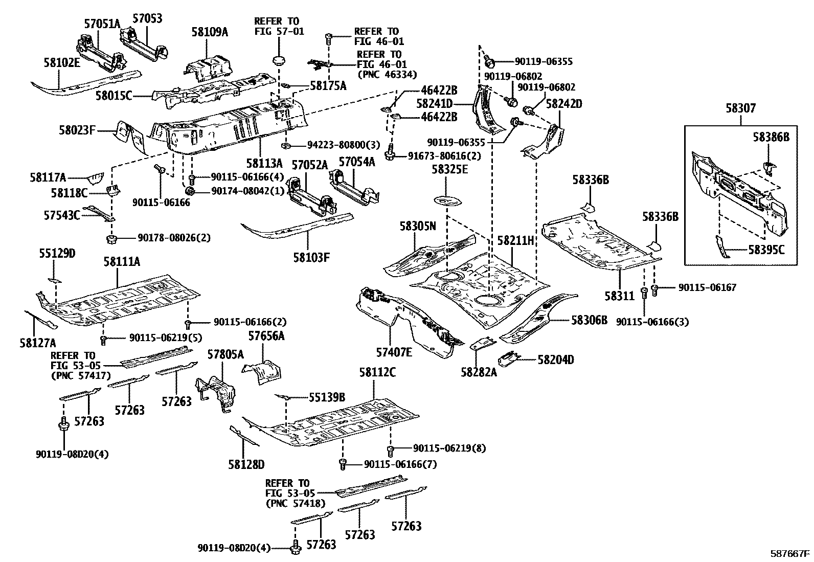 Toyota YARIS 浅盘形地板和车身下背板 EPC diagram — 587667F