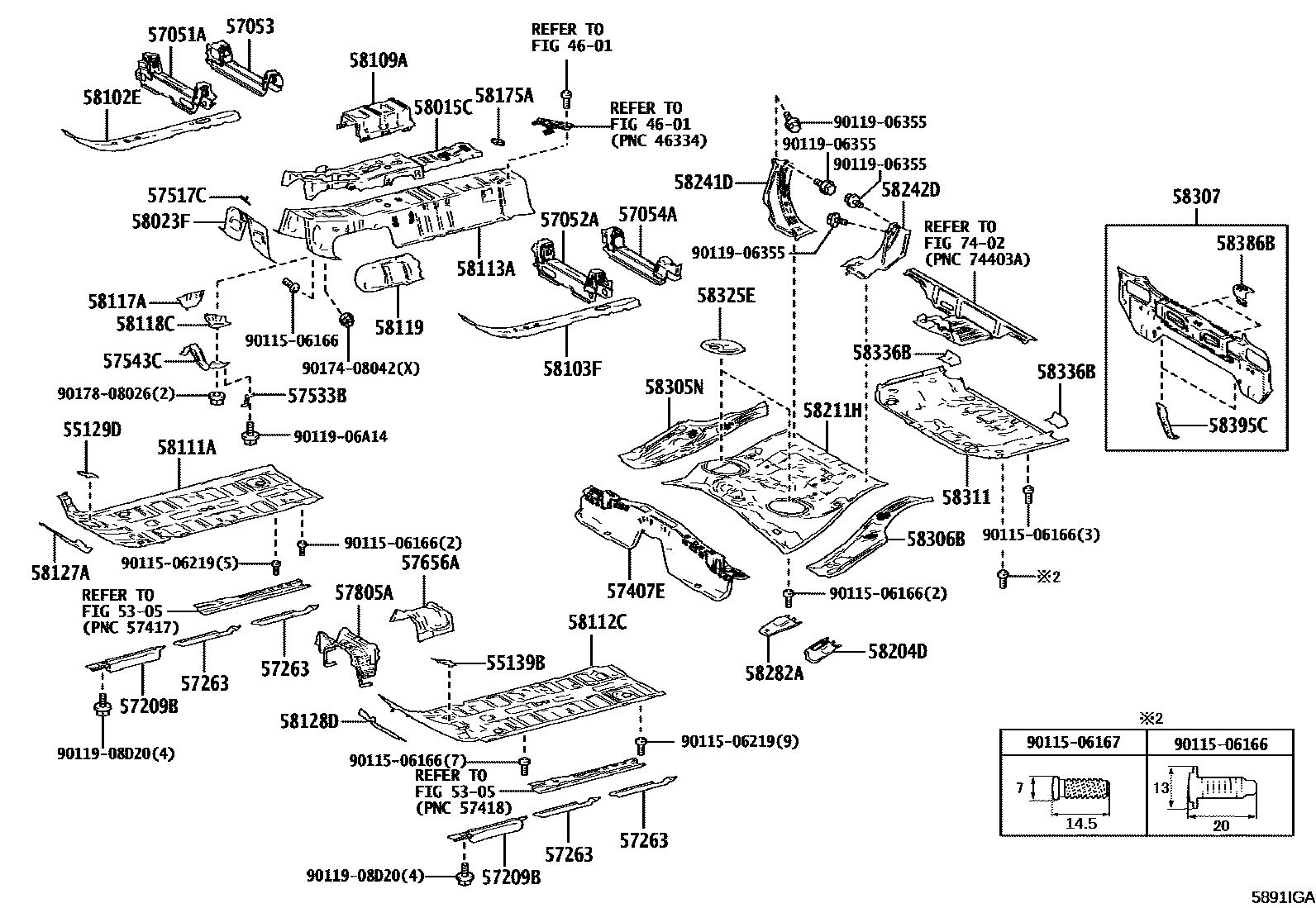 Toyota YARIS 浅盘形地板和车身下背板 EPC diagram — 5891IGA
