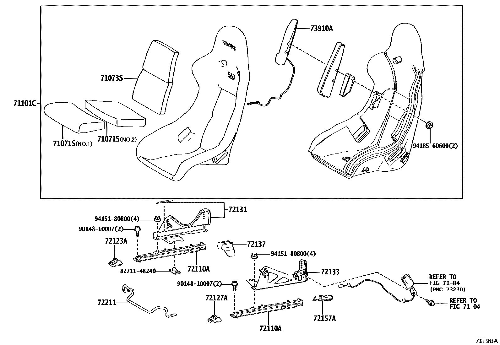 Toyota YARIS 前排座椅和座椅滑轨 EPC diagram — 71F9BA