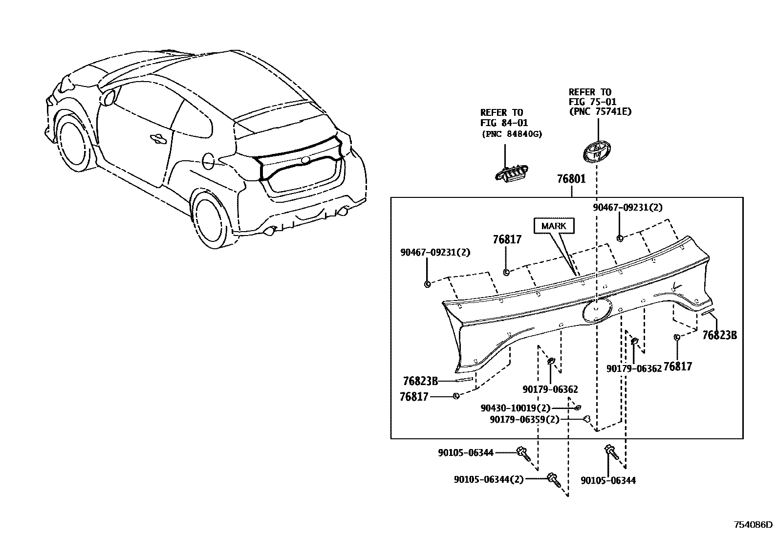 Toyota YARIS 后防护条 EPC diagram — 754086D