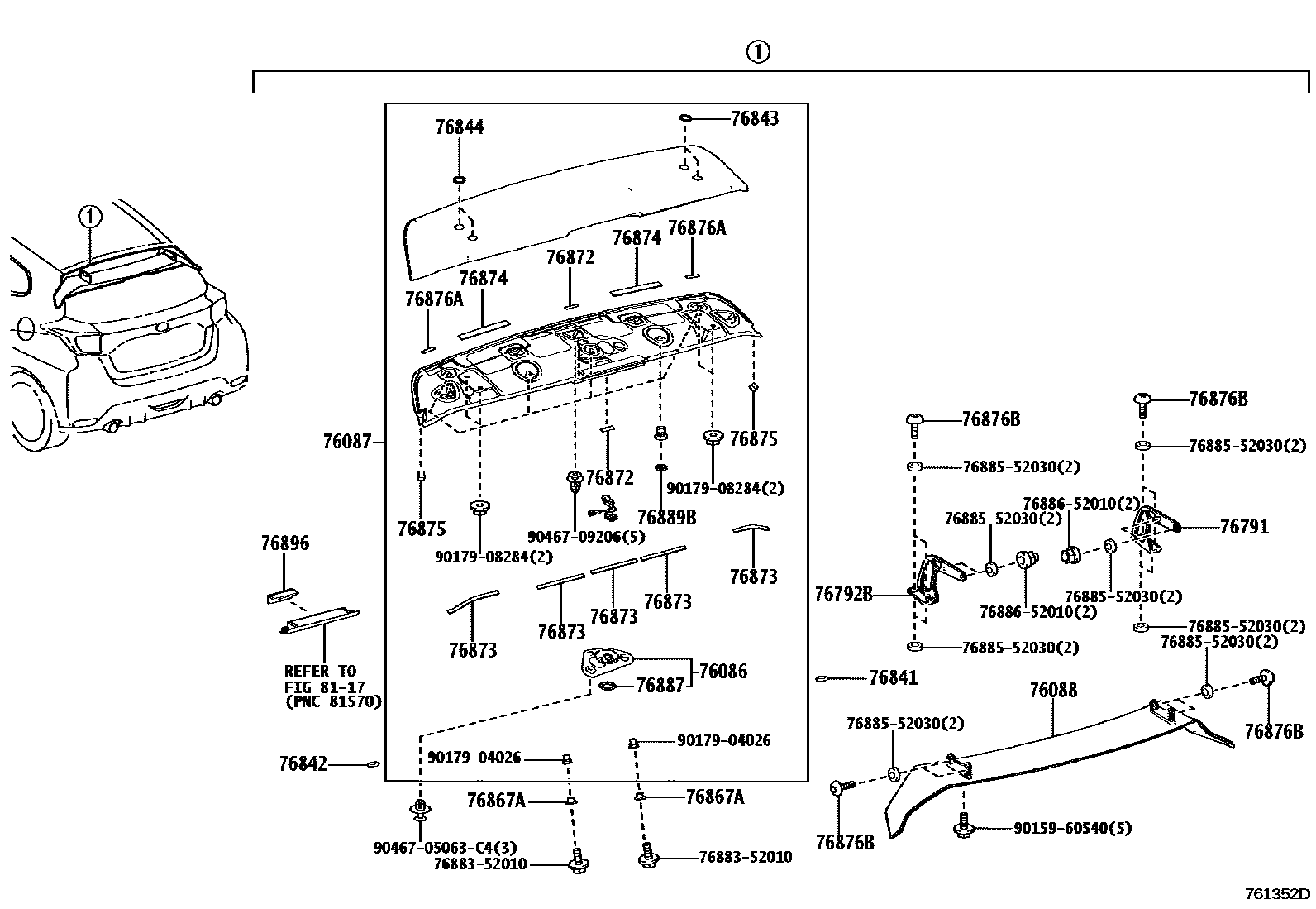 Toyota YARIS 挡泥板和扰流板 EPC diagram — 761352D