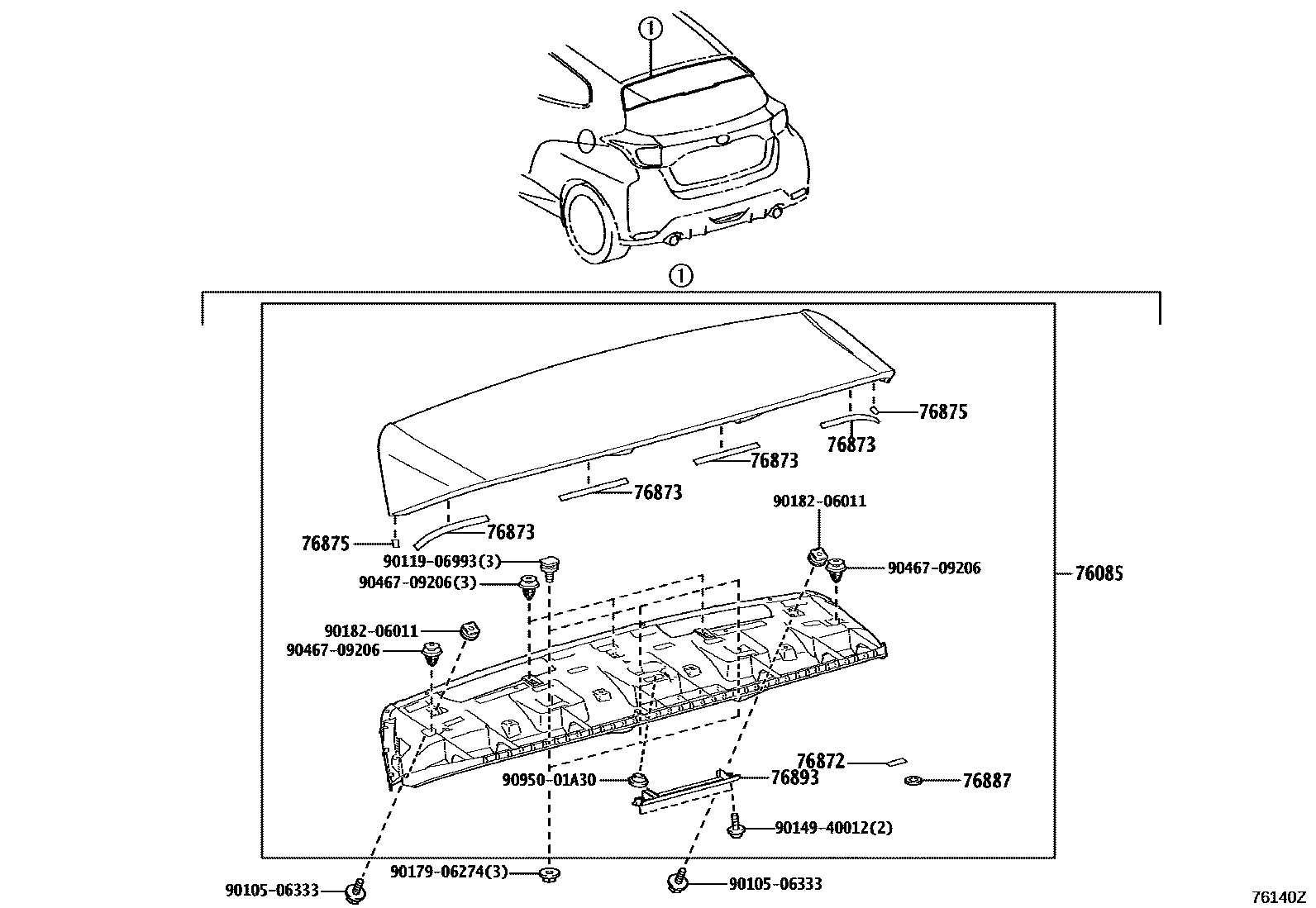 Toyota YARIS 挡泥板和扰流板 EPC diagram — 76140Z