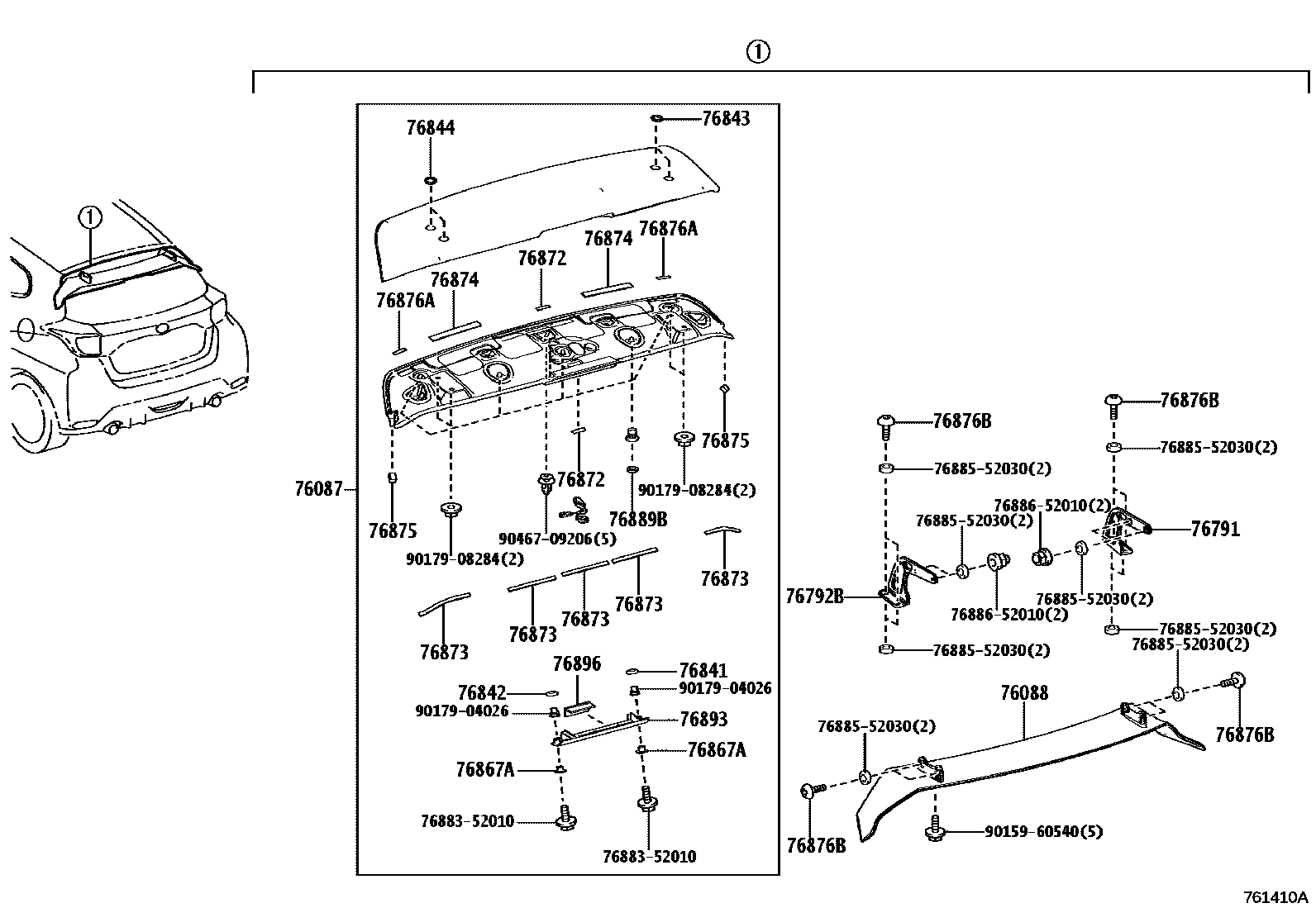 Toyota YARIS 挡泥板和扰流板 EPC diagram — 761410A