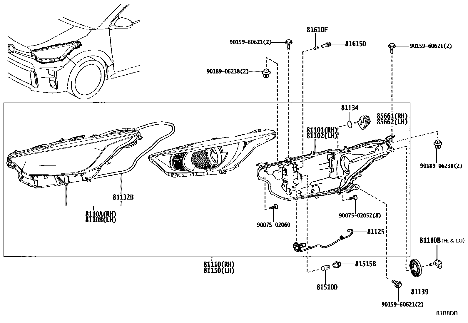 Toyota YARIS Headlamp EPC diagram — 81B8DB