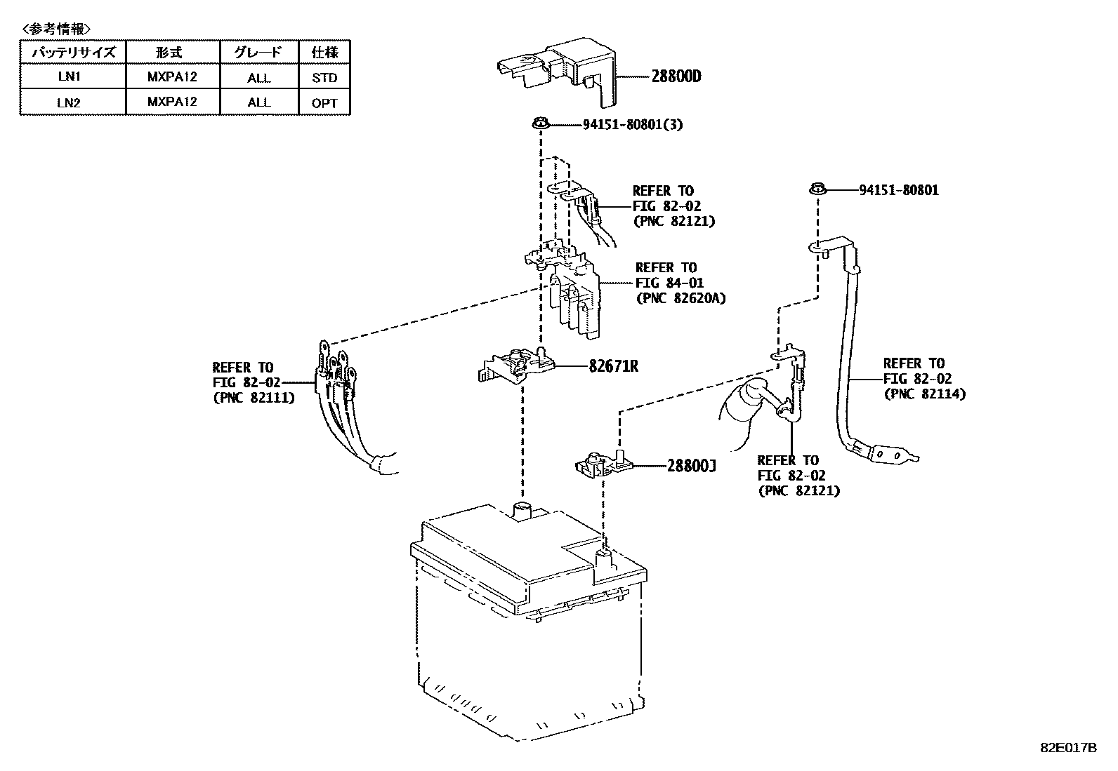 Toyota YARIS 蓄电池和蓄电池电缆 EPC diagram — 82E017B
