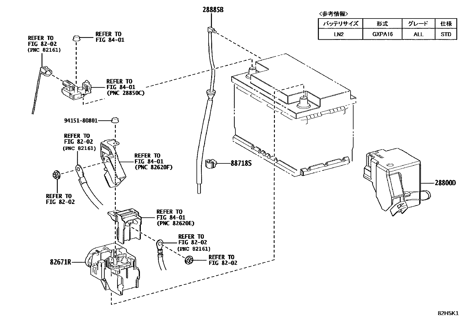 Toyota YARIS 蓄电池和蓄电池电缆 EPC diagram — 82H5K1