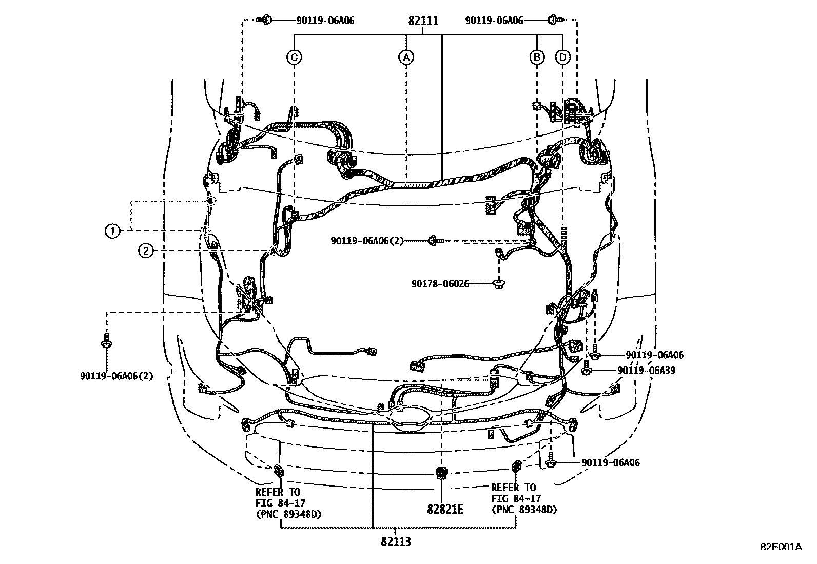 Toyota YARIS 线束和卡夹 EPC diagram — 82E001A