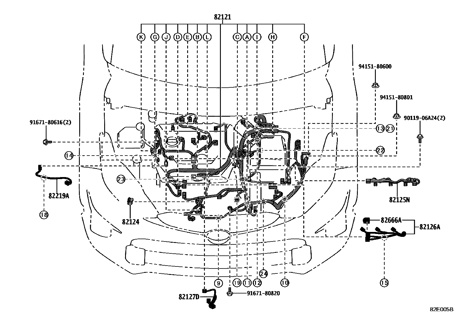 Toyota YARIS 线束和卡夹 EPC diagram — 82E005B