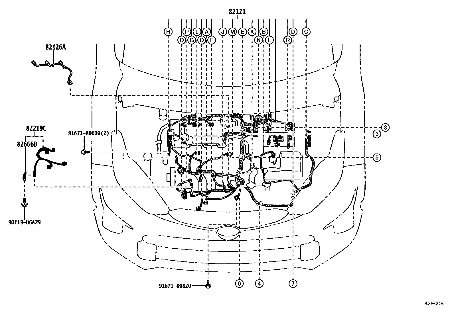 Toyota YARIS 线束和卡夹 EPC diagram — 82E006