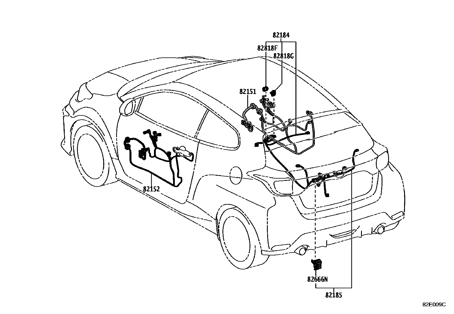 Toyota YARIS 线束和卡夹 EPC diagram — 82E009C