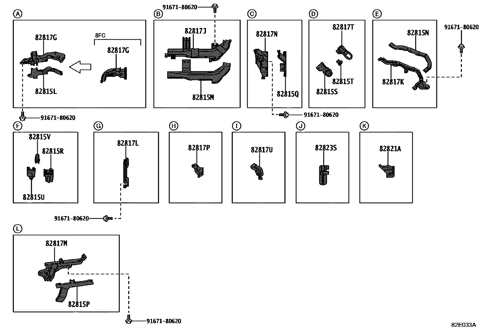Toyota YARIS 线束和卡夹 EPC diagram — 82E033A