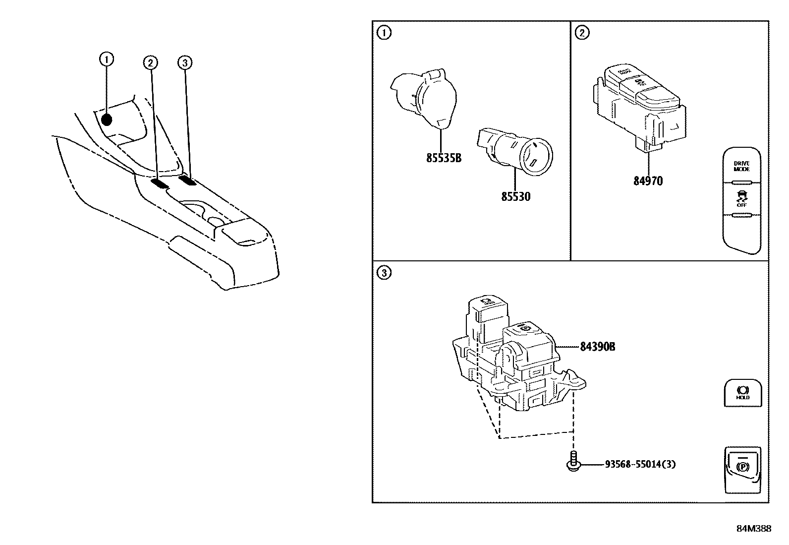 Toyota YARIS 开关和继电器和ECU EPC diagram — 84M388