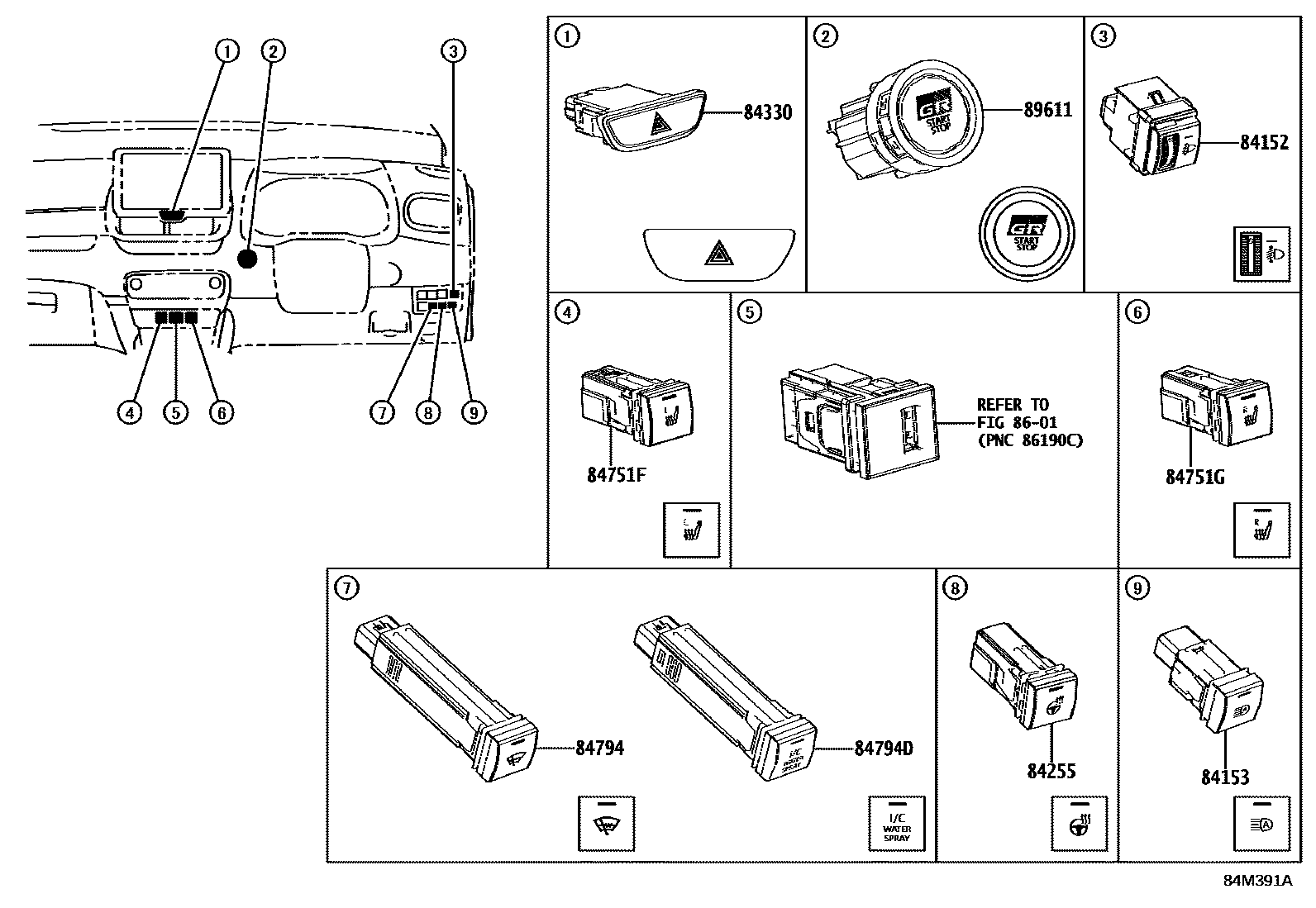 Toyota YARIS 开关和继电器和ECU EPC diagram — 84M391A