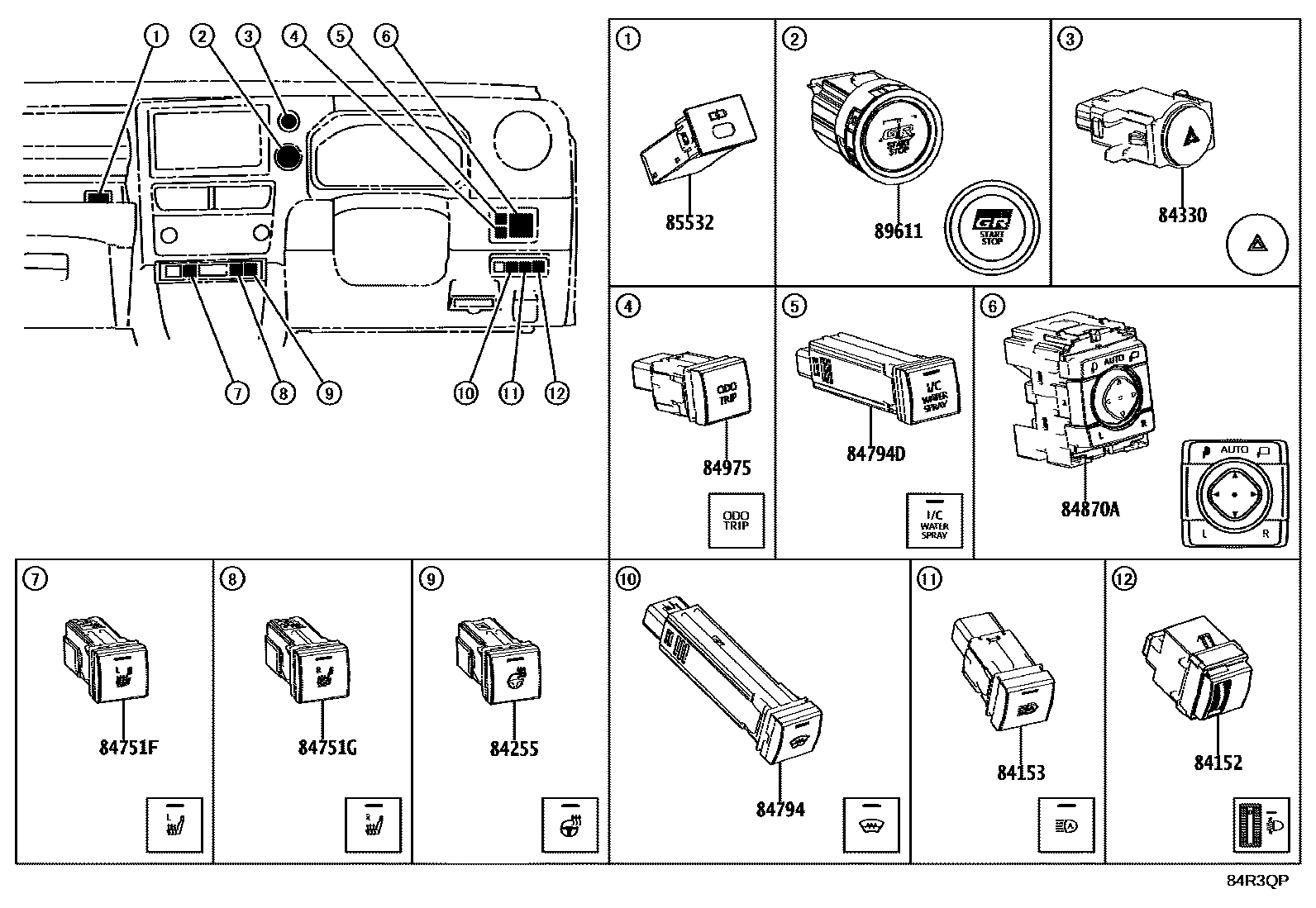 Toyota YARIS 开关和继电器和ECU EPC diagram — 84R3QP