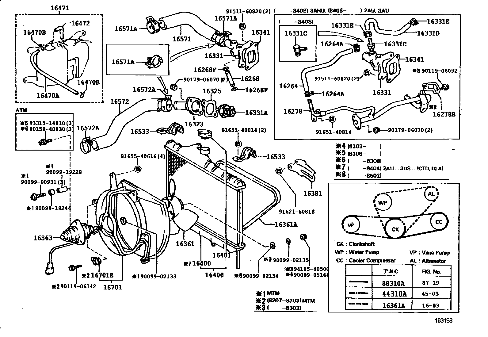 Toyota COROLLA RADIATOR & WATER OUTLET EPC diagram — 163198A