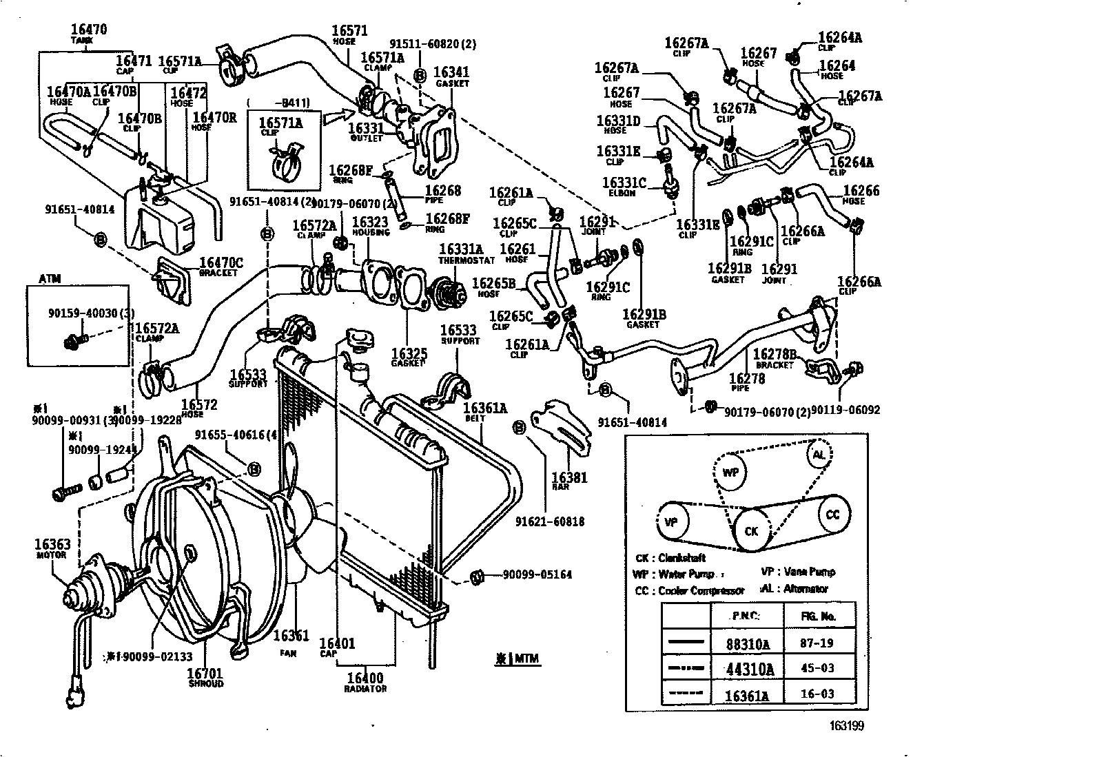 Toyota COROLLA RADIATOR & WATER OUTLET EPC diagram — 163199A