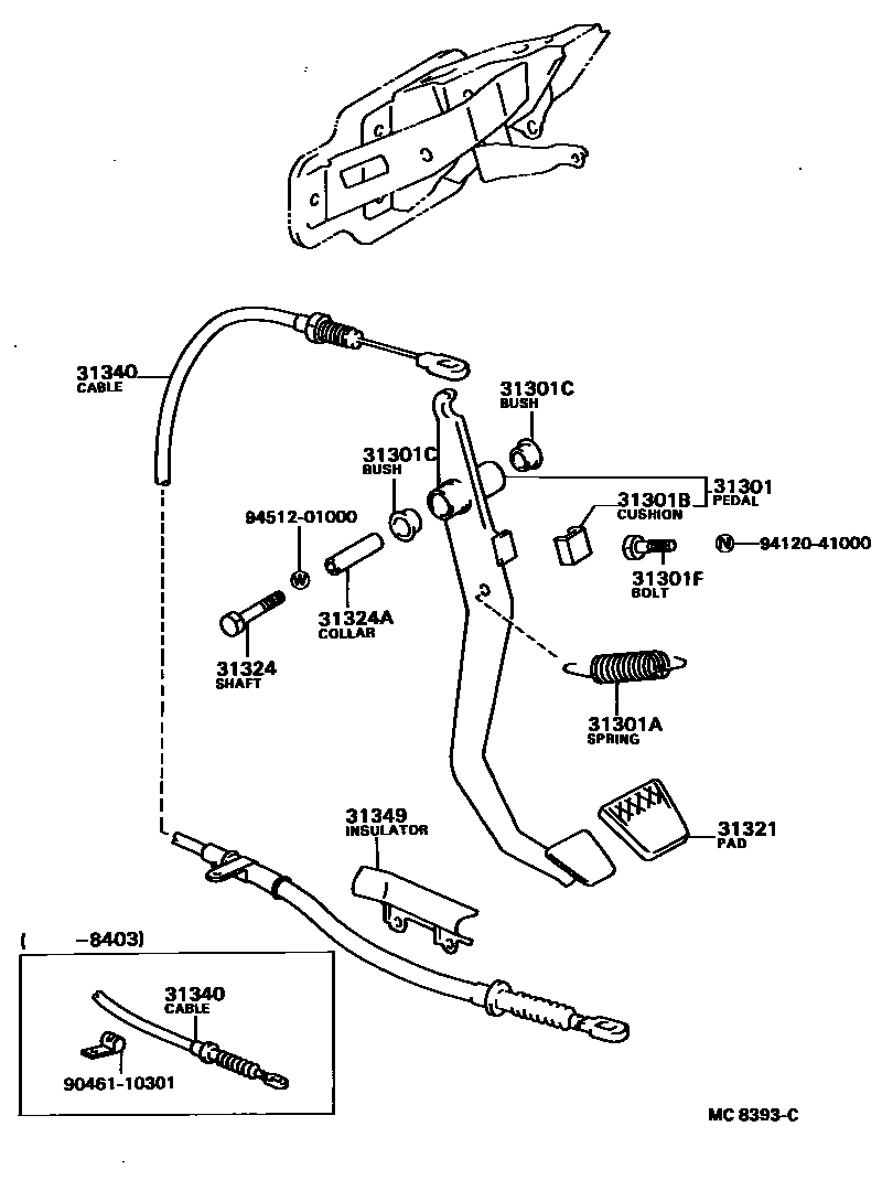 Toyota COROLLA 离合器踏板和挠性软管 EPC diagram — MC8393C