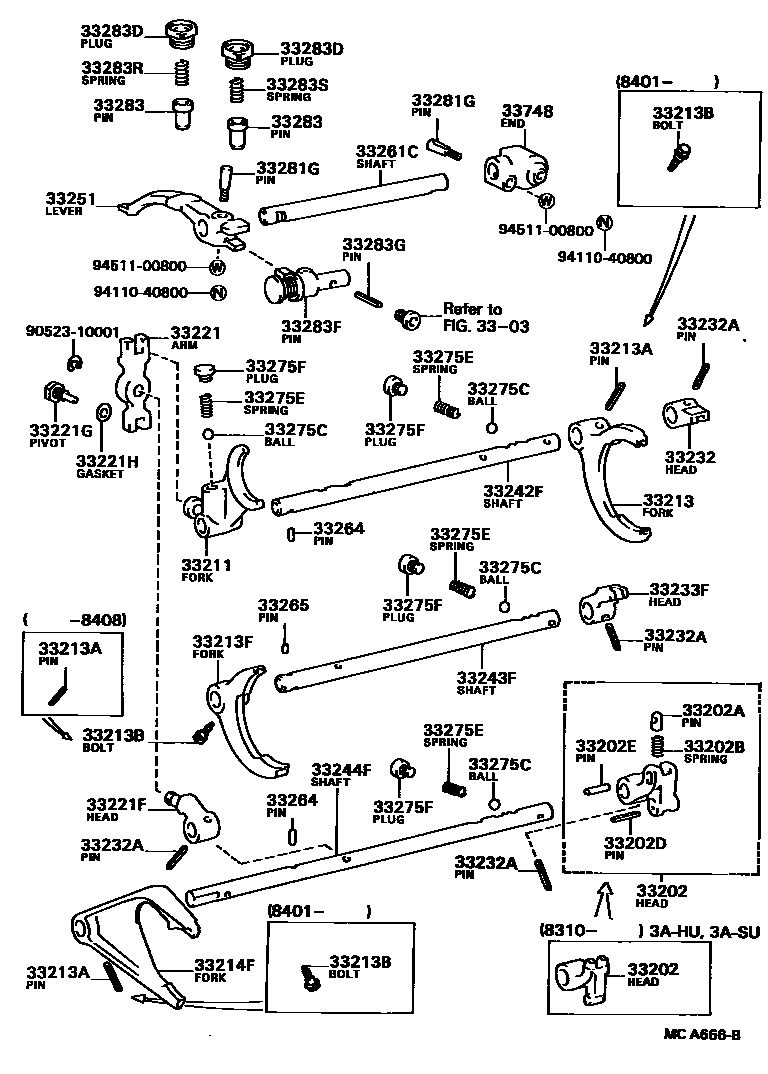 Toyota COROLLA 换档拨叉和换档杆轴(MTM) EPC diagram — MCA666B