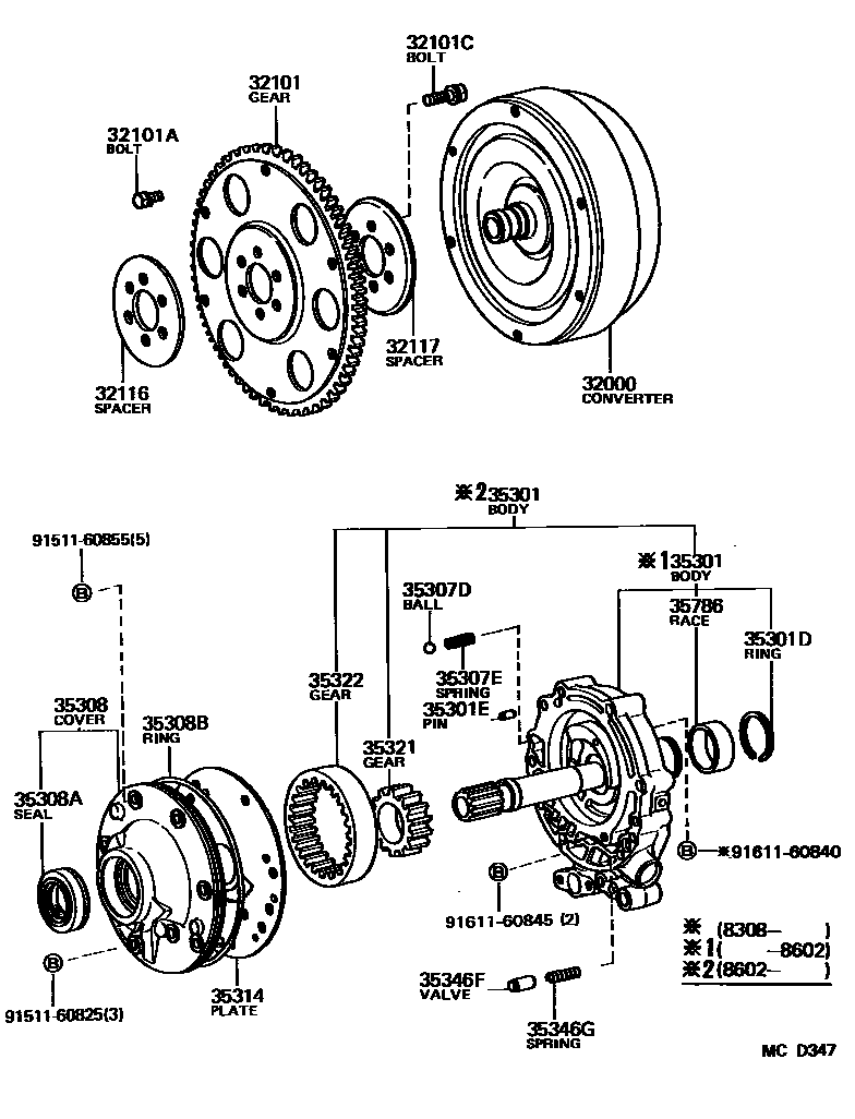 Toyota COROLLA 变矩器、前油泵和链条(ATM) EPC diagram — MCD347