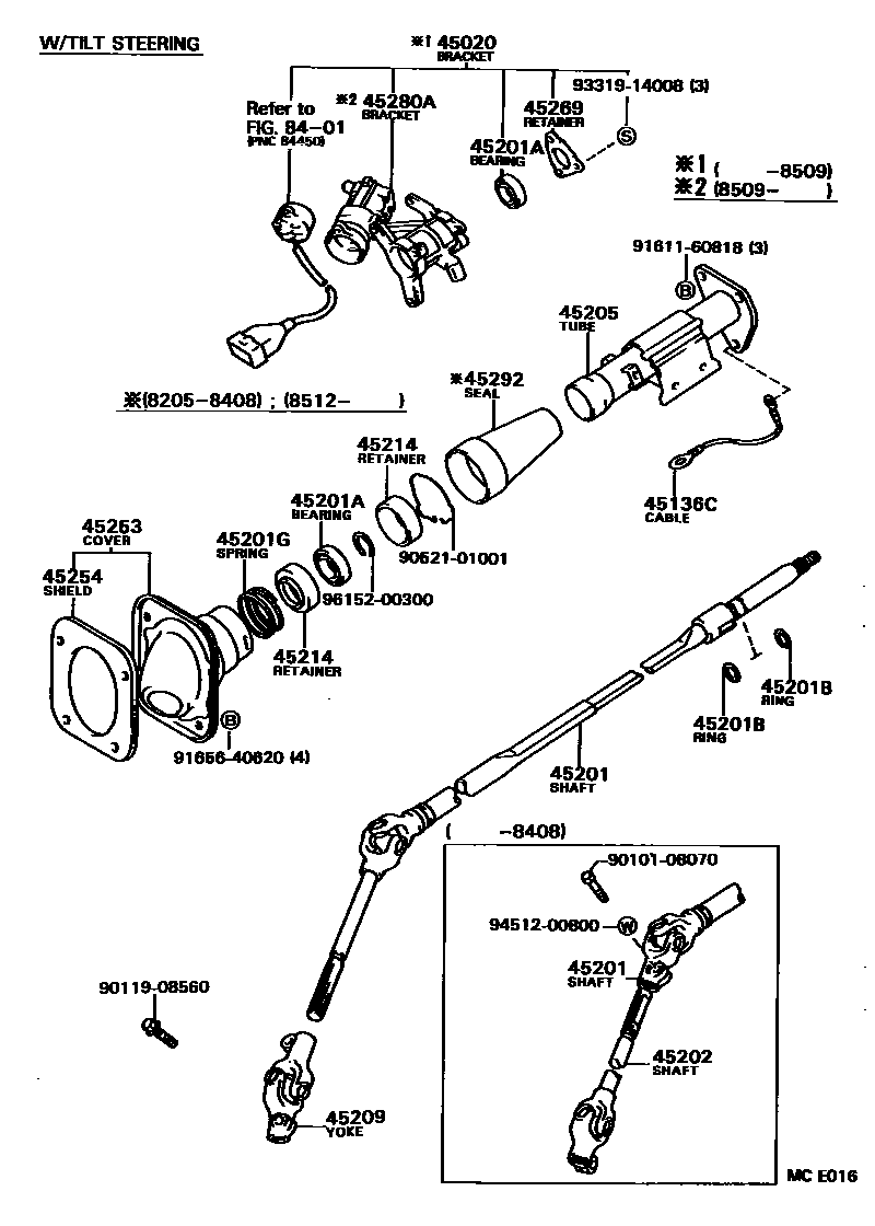 Toyota COROLLA Steering Column & Shaft EPC diagram — MCE016