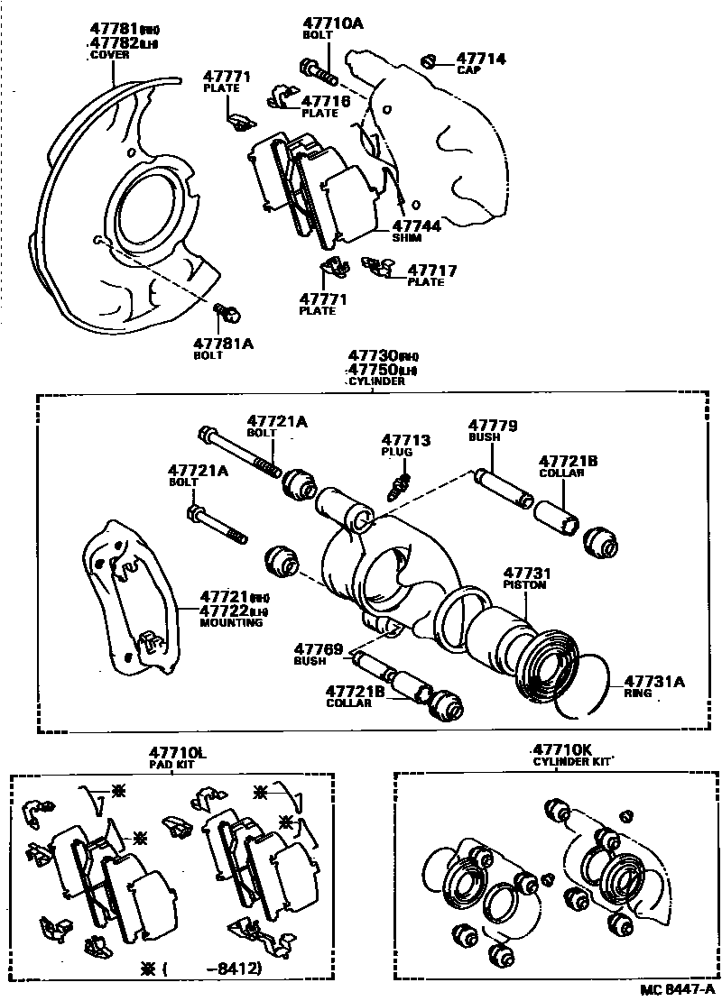 Toyota COROLLA 前盘式制动器卡钳和防尘罩 EPC diagram — MC8447A
