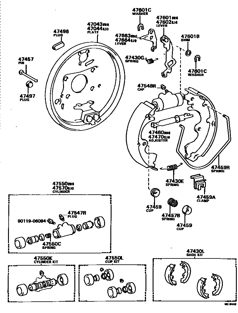 Toyota COROLLA 后鼓式制动器分泵和底板 EPC diagram — MC8448