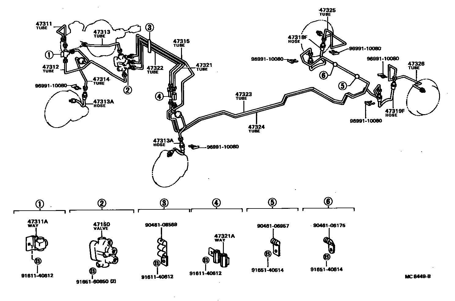 Toyota COROLLA 制动配管和卡箍 EPC diagram — MC8449B
