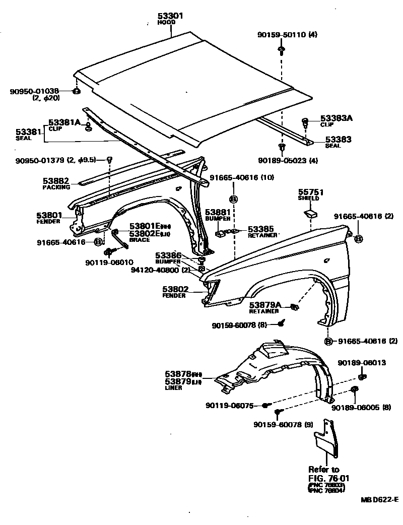 Toyota COROLLA 发动机盖和前翼子板 EPC diagram — MBD622E