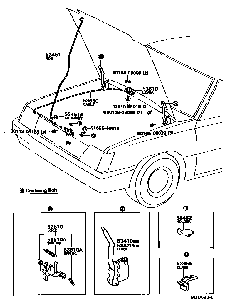 Toyota COROLLA 发动机盖锁和铰链 EPC diagram — MBD623E