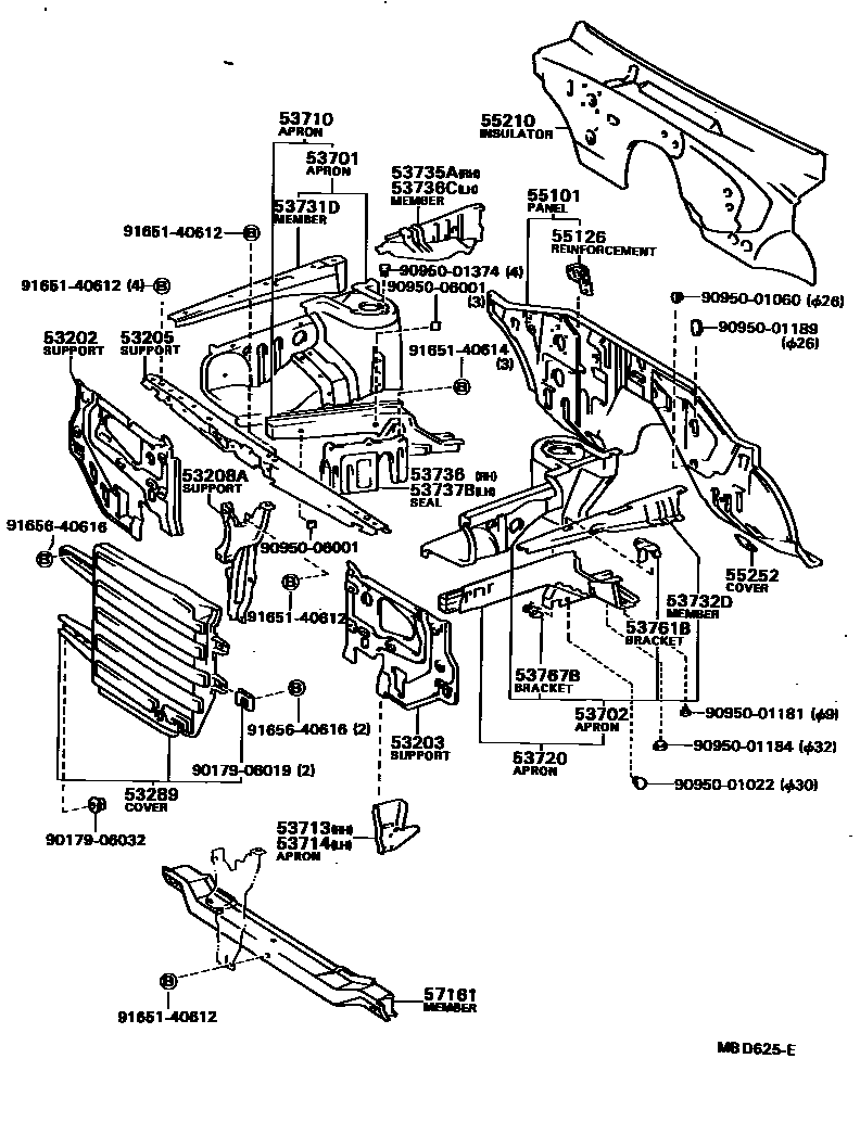 Toyota COROLLA 前翼子板挡泥板和前围板 EPC diagram — MBD625E