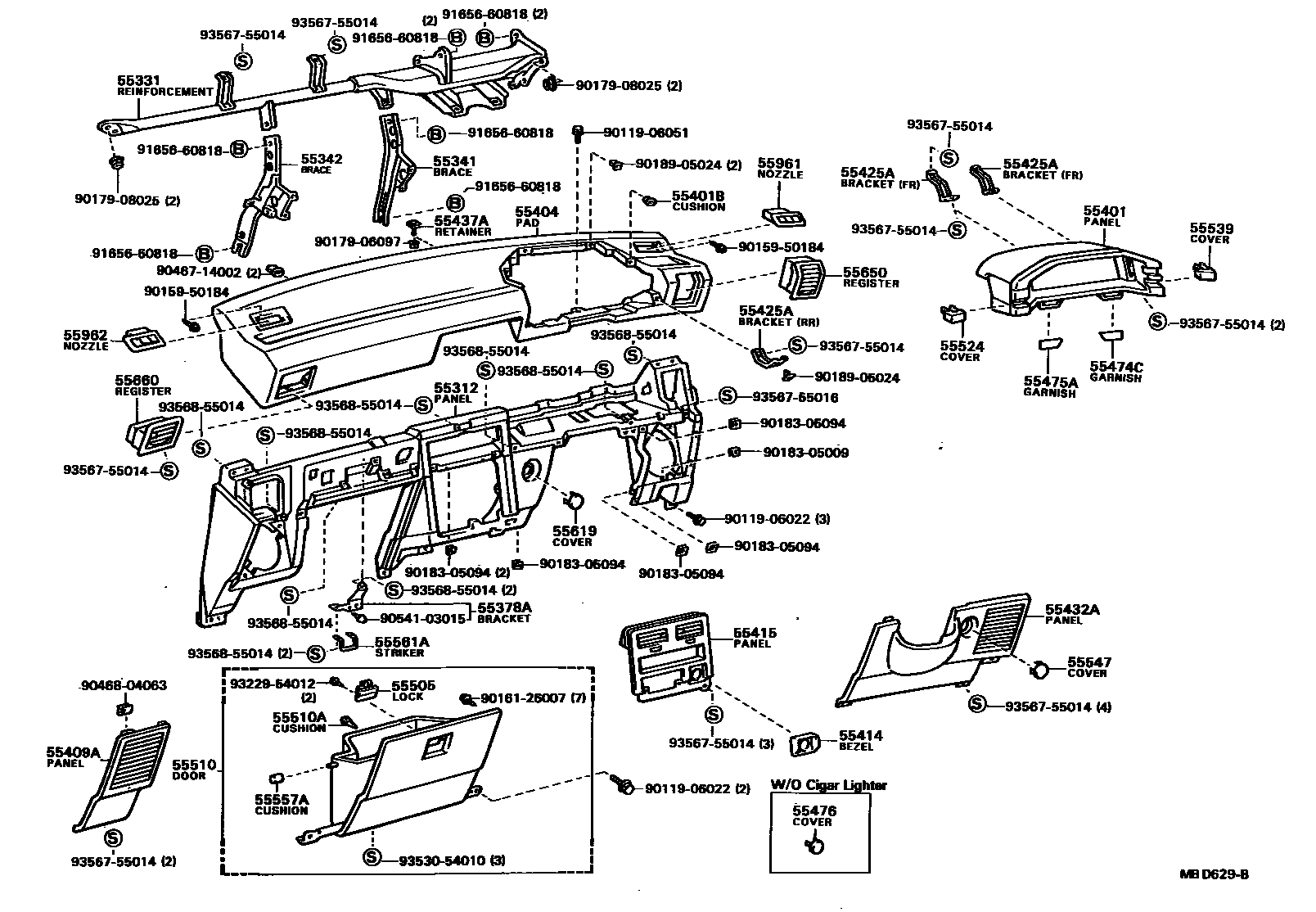 Toyota COROLLA 仪表板和手套箱 EPC diagram — MBD629B
