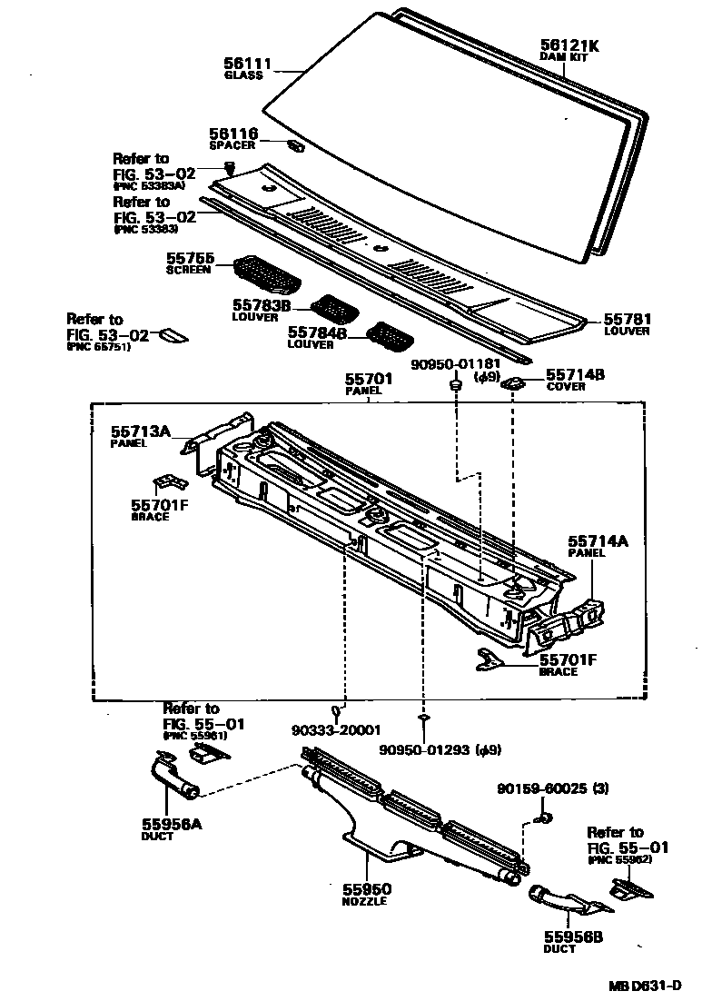 Toyota COROLLA 前围板和挡风玻璃 EPC diagram — MBD631D