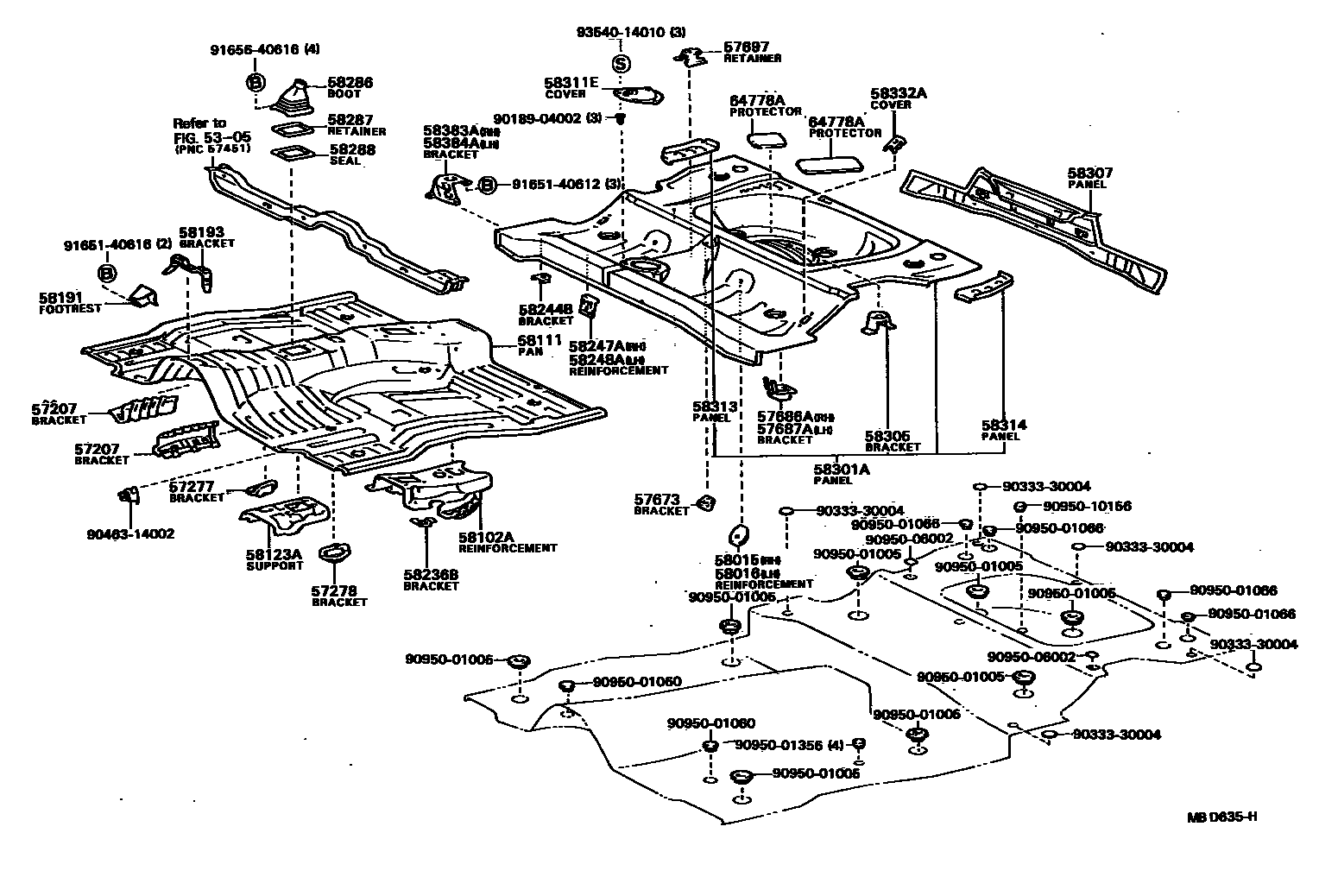 Toyota COROLLA 浅盘形地板和车身下背板 EPC diagram — MBD635H