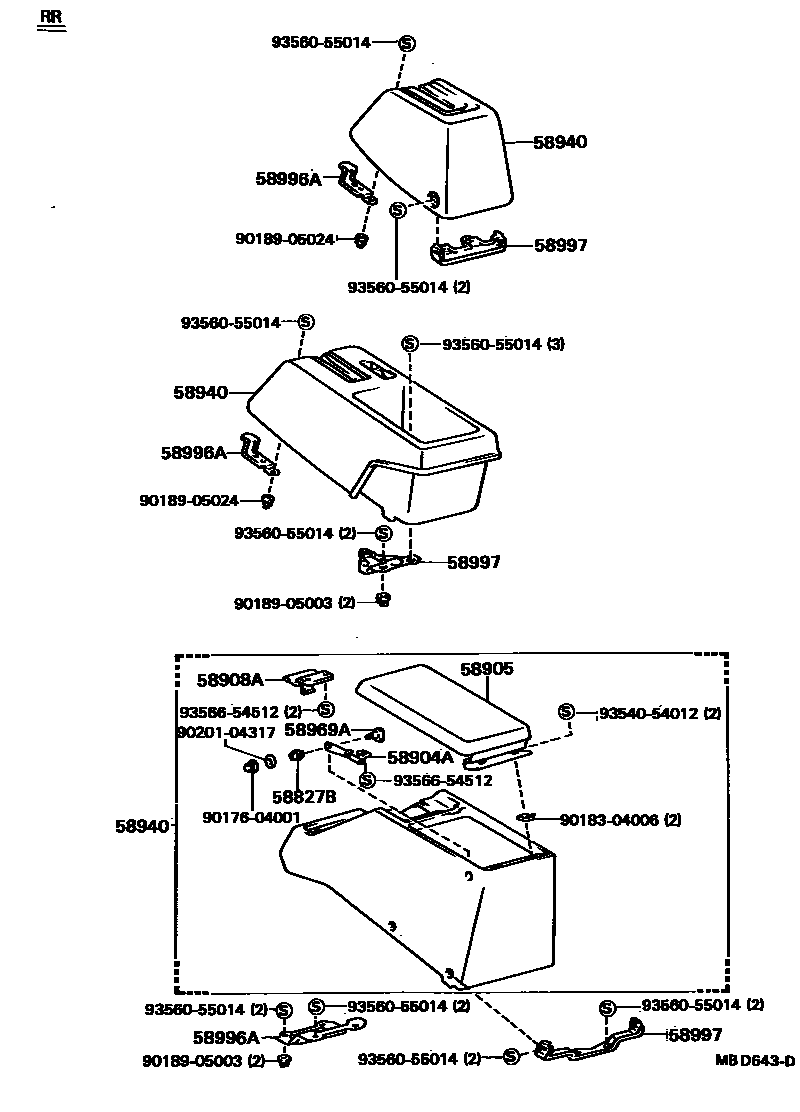 Toyota COROLLA 中央扶手箱和支架 EPC diagram — MBD643D