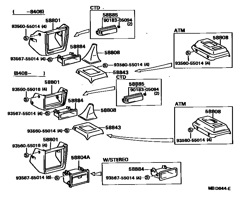 Toyota COROLLA 中央扶手箱和支架 EPC diagram — MBD644E