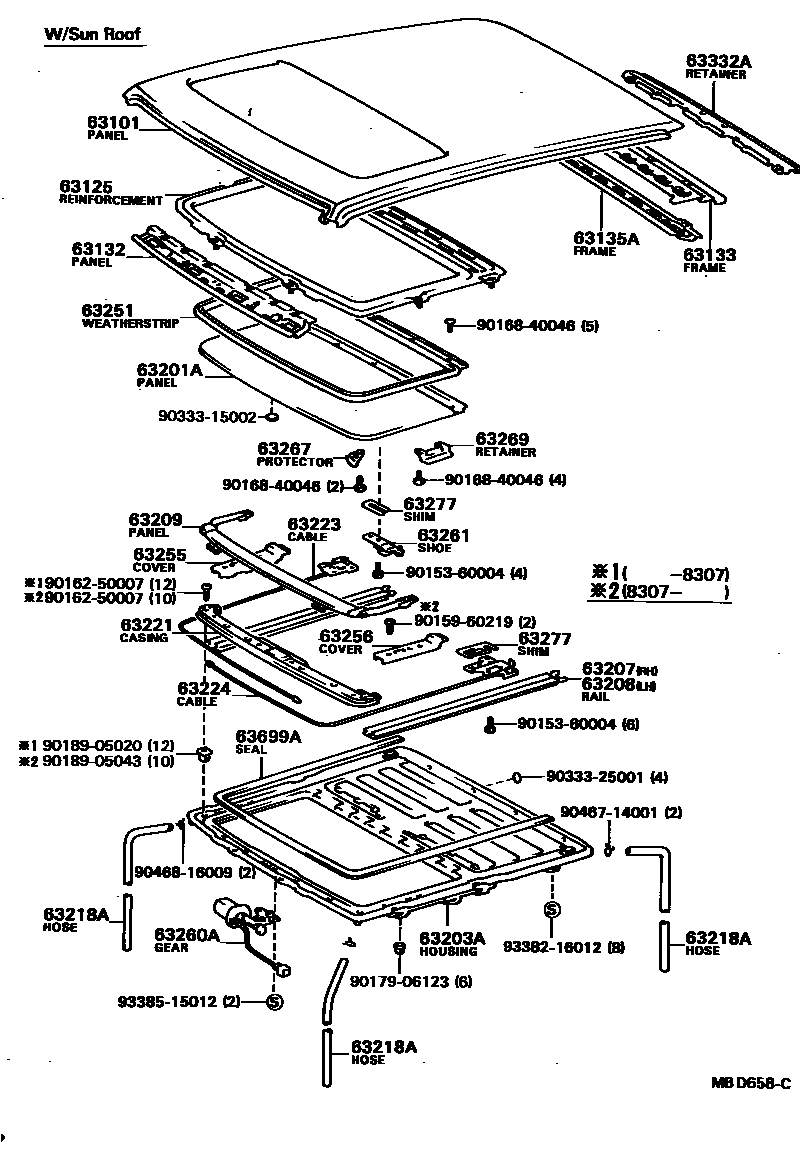 Toyota COROLLA 天窗板和背窗玻璃 EPC diagram — MBD658C