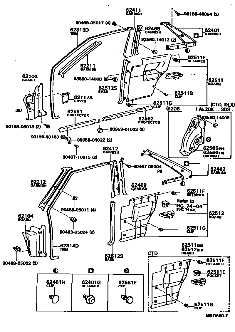 Toyota COROLLA 内饰板和车门防水胶条 EPC diagram — MBD660E