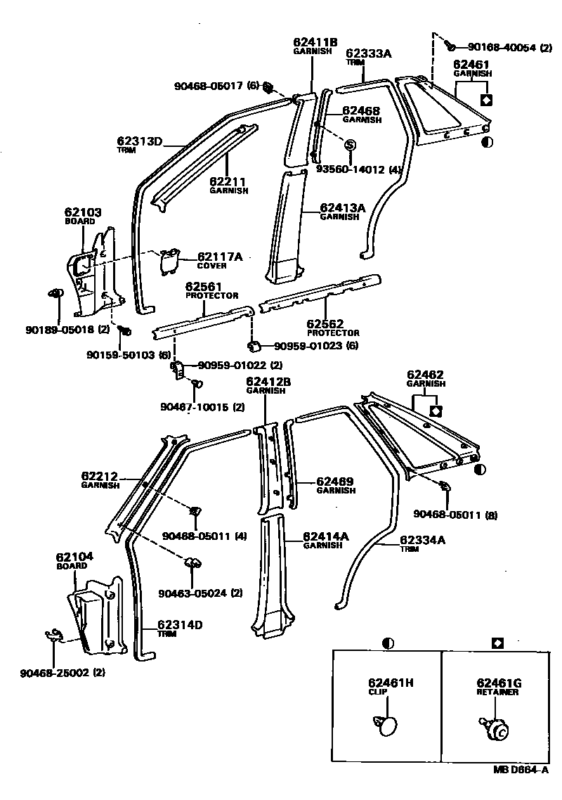 Toyota COROLLA 内饰板和车门防水胶条 EPC diagram — MBD664A