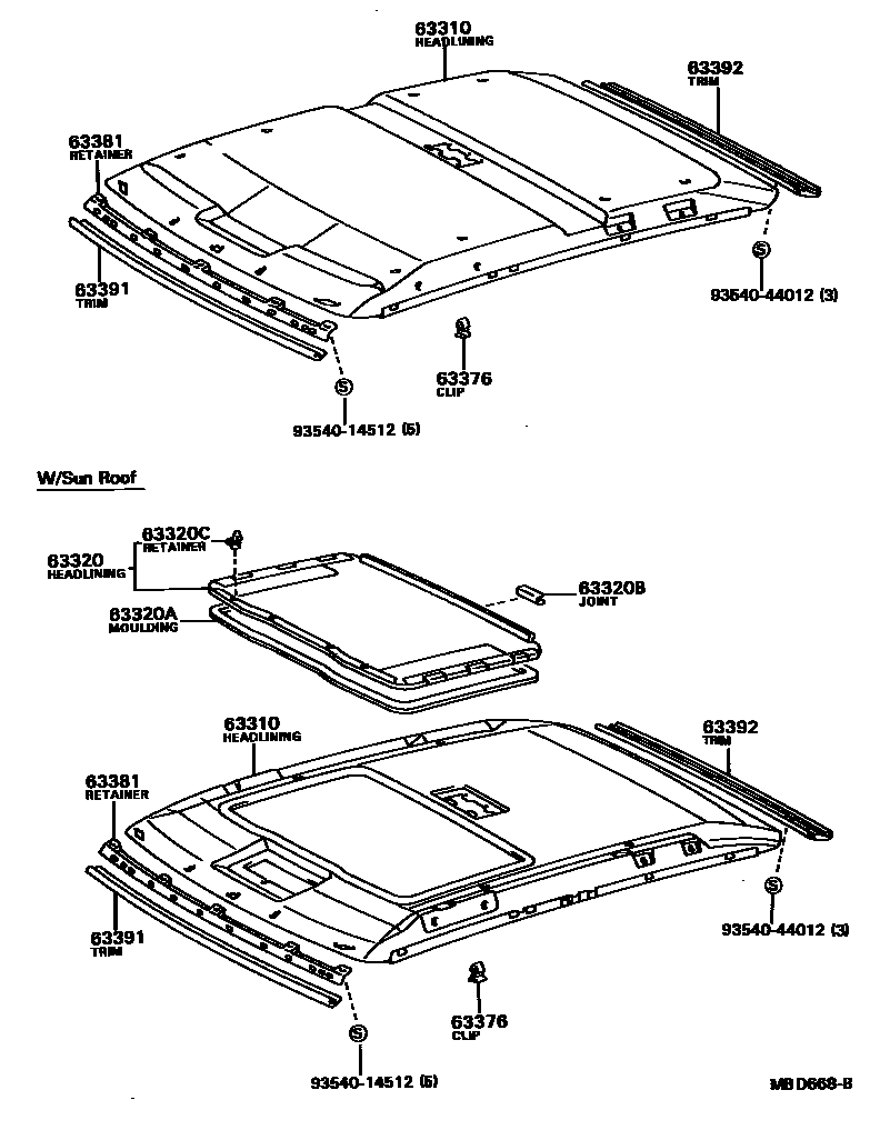 Toyota COROLLA 车顶内衬和消声垫 EPC diagram — MBD668B