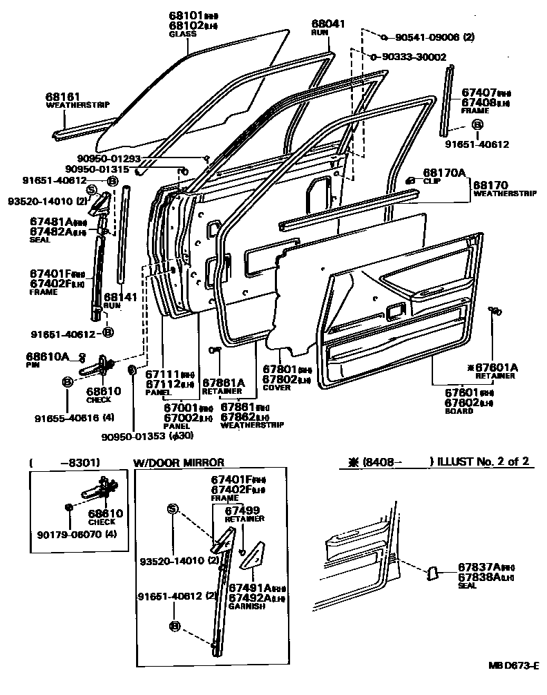 Toyota COROLLA 前门板和前门玻璃 EPC diagram — MBD673E