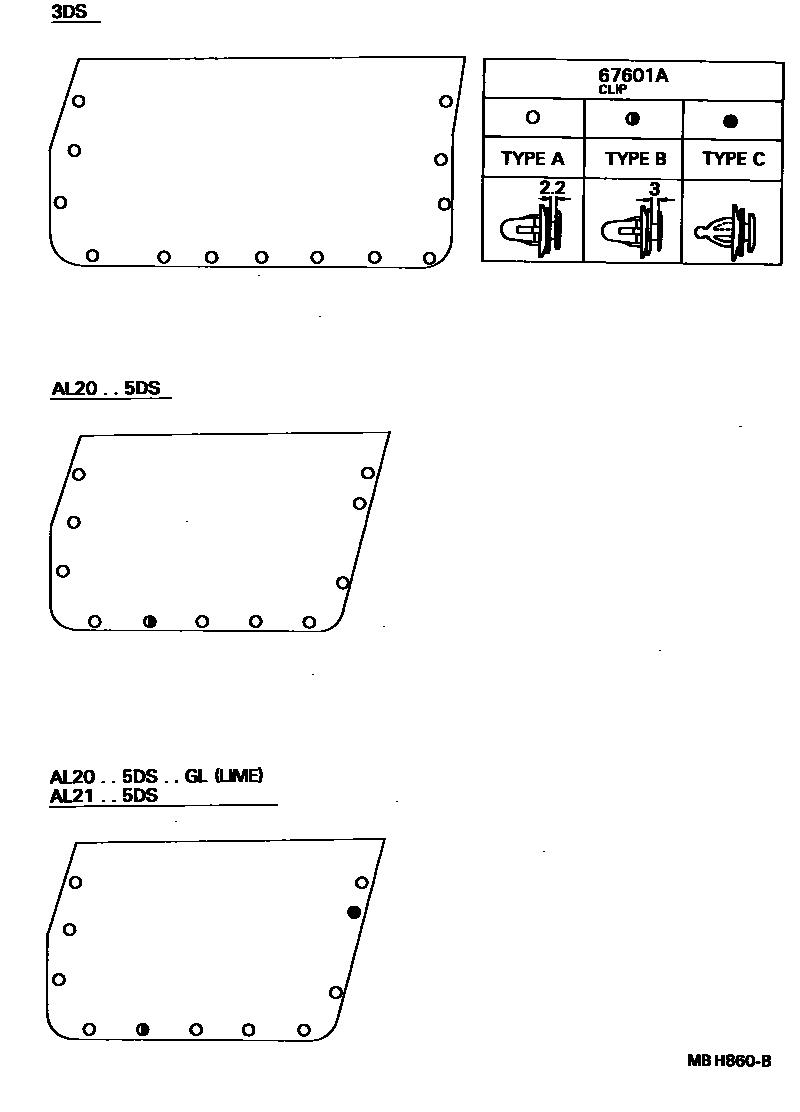 Toyota COROLLA 前门板和前门玻璃 EPC diagram — MBH860B