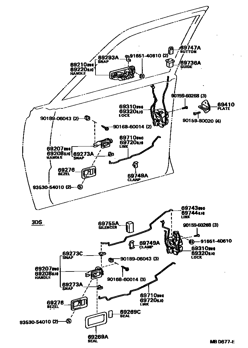Toyota COROLLA 前门锁和车门把手 EPC diagram — MBD677E