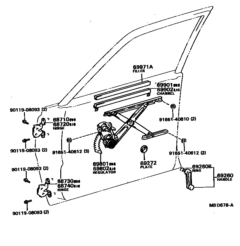 Toyota COROLLA 前门车窗升降器和合页 EPC diagram — MBD678A