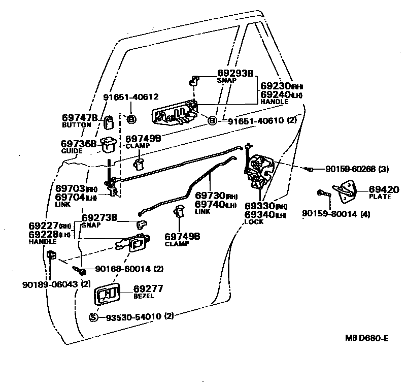 Toyota COROLLA 后门锁和后门把手 EPC diagram — MBD680E