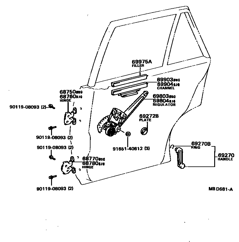 Toyota COROLLA 后门车窗升降器和合页 EPC diagram — MBD681A