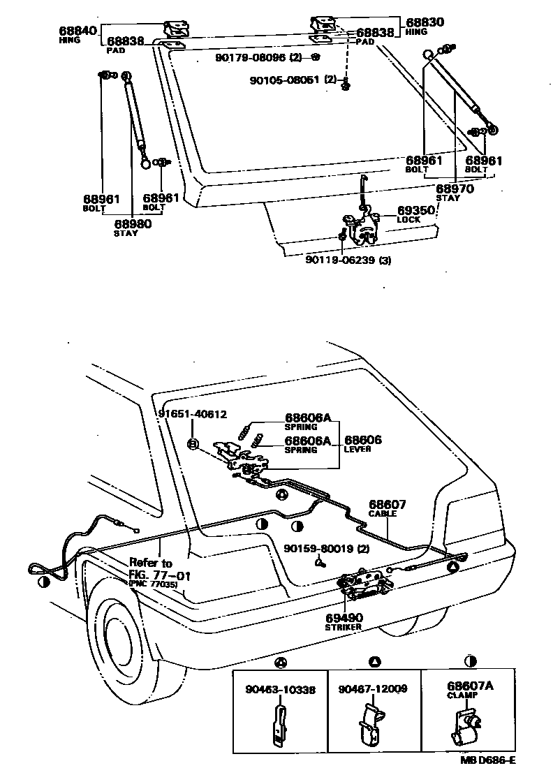 Toyota COROLLA 背门锁和背门把手 EPC diagram — MBD686E