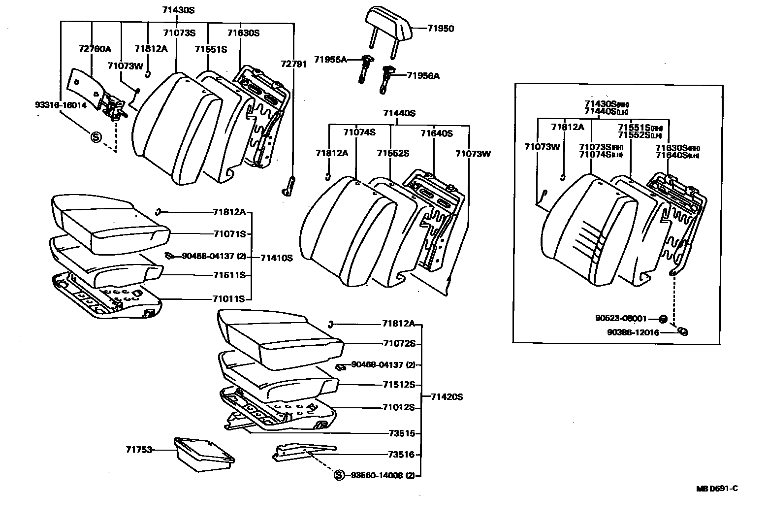Toyota COROLLA 前排座椅和座椅滑轨 EPC diagram — MBD691C