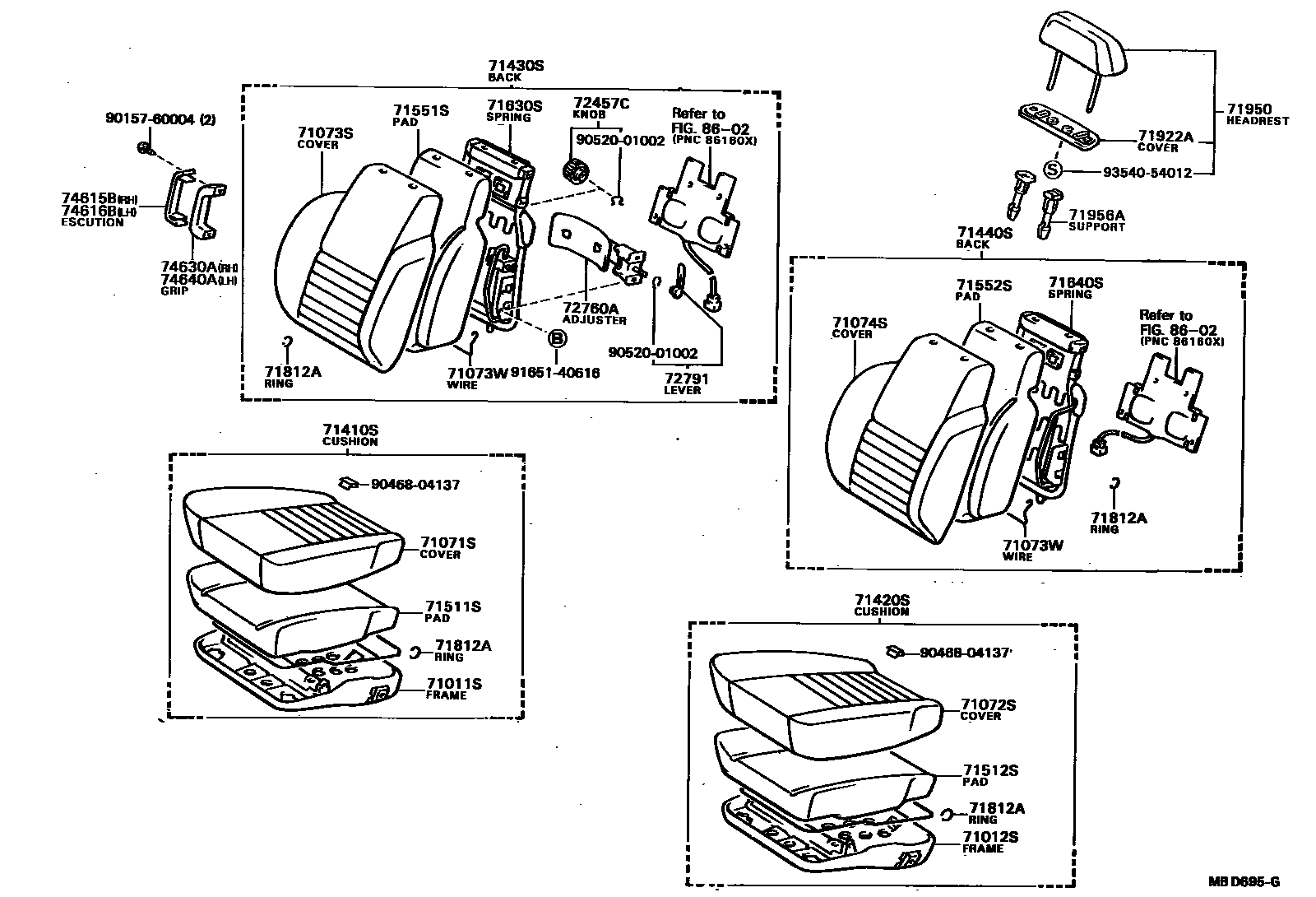 Toyota COROLLA 前排座椅和座椅滑轨 EPC diagram — MBD695G